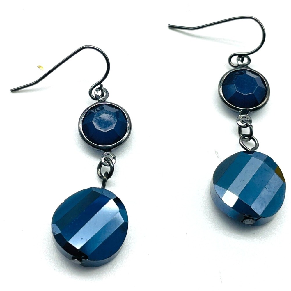Blue Faceted Dangle Earrings Silver Tone Pierced Geometric Drops